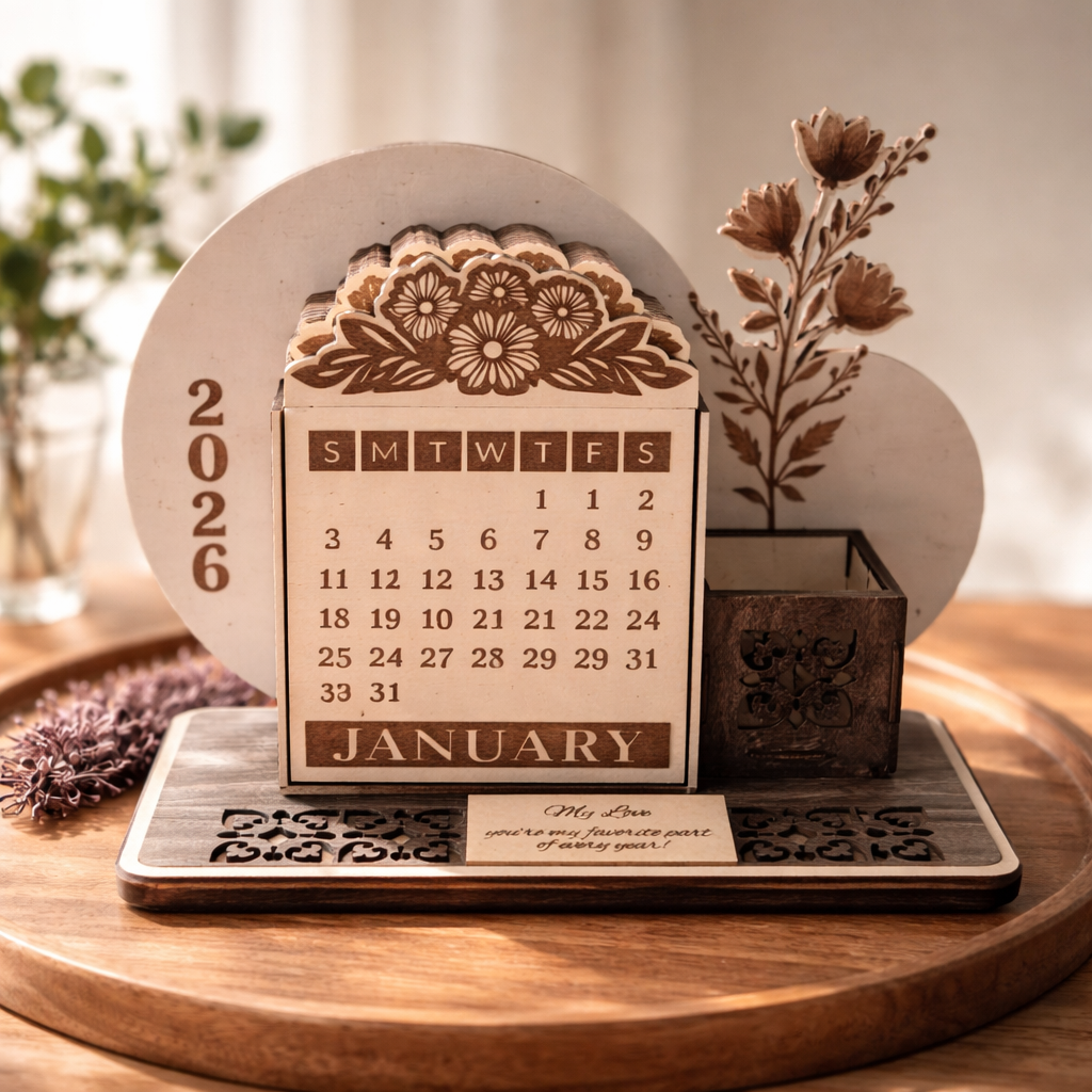 🌸 2026 Wooden Desk Calendar & Keepsake Organizer