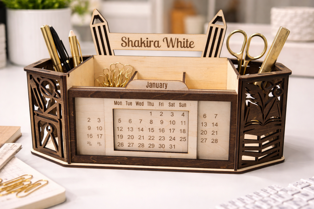 ✏️ Personalized Wooden Desk Organizer & Perpetual Calendar