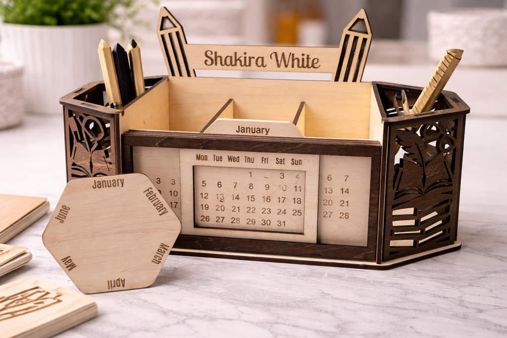 ✏️ Personalized Wooden Desk Organizer & Perpetual Calendar